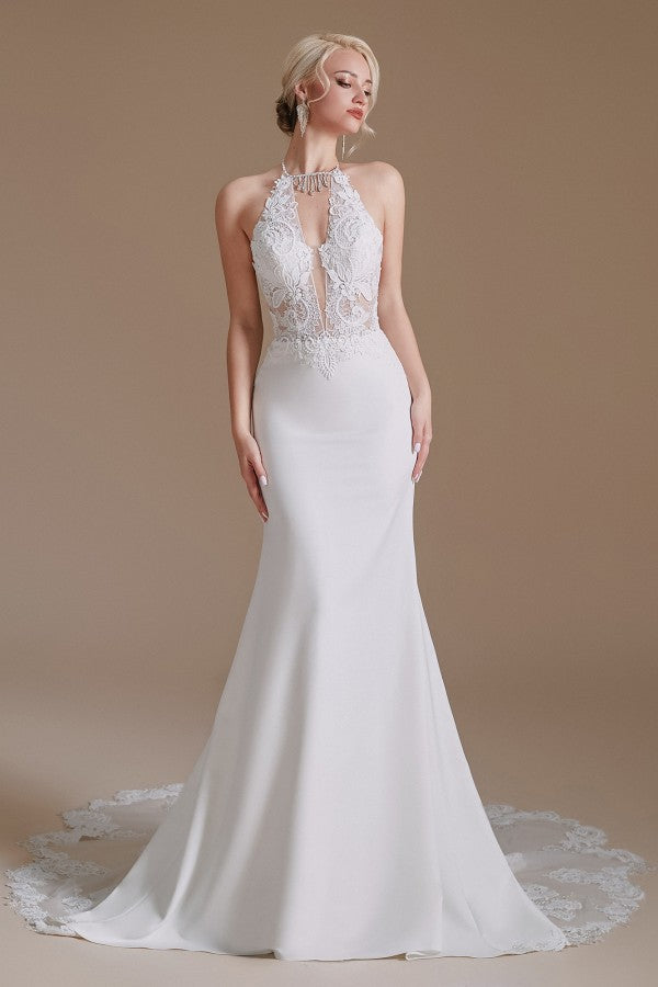 Mermaid Halter Backless Satin Wedding Dress with Appliques Lace