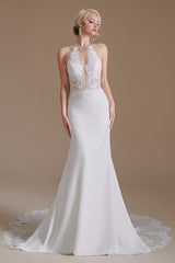 Mermaid Halter Backless Satin Wedding Dress with Appliques Lace