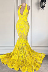 Mermaid Halter-lengte mouwloze open achterkant appliques kanten prom-jurk