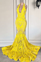 Mermaid Halter-lengte mouwloze open achterkant appliques kanten prom-jurk