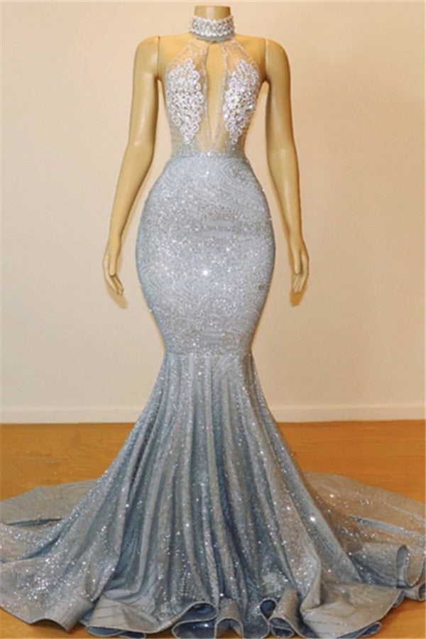 Mermaid Halter mouwloze prom-feestjurken op de vloer-lengte