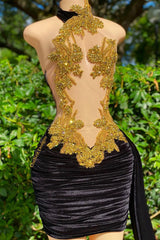 Mermaid High Neck Applique Lace Mini Mouwloze Backless Prom -jurk met zijtrein