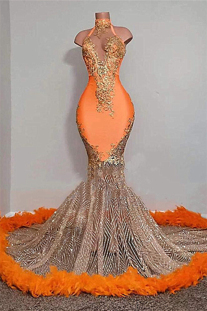 Mermaid Hoge nek vloerlengte mouwloze appliques kanten prom-jurk met veer