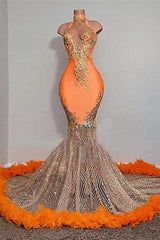 Mermaid Hoge nek vloerlengte mouwloze appliques kanten prom-jurk met veer