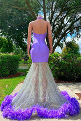 Mermaid hoge nek vloerlengte mouwloze open achterkant appliques kanten kralen prom jurk met veer