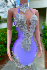 Mermaid hoge nek vloerlengte mouwloze open achterkant appliques kanten kralen prom jurk met veer