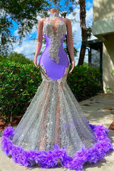 Mermaid hoge nek vloerlengte mouwloze open achterkant appliques kanten kralen prom jurk met veer