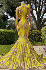 Mermaid Hoge nek Een schoudergrens lovertjes vloerlengte kanten prom-jurk met lange mouwen