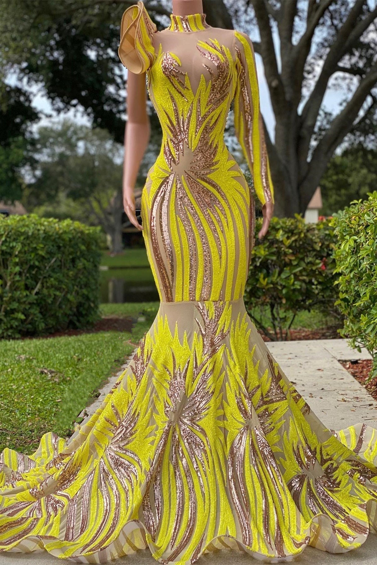 Mermaid Hoge nek Een schoudergrens lovertjes vloerlengte kanten prom-jurk met lange mouwen