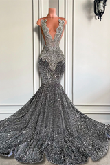Mermaid Jewel lovertjes vloerlengte mouwloze appliques kanten prom-jurk
