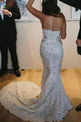 Mermaid Sweetheart Sleeveless Lace Sweep Train Split Wedding Dress