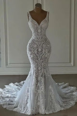 Mermaid Lace Sweetheart Wedding Dress V-neck Long Bridal Dress with Train