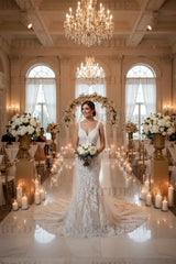 Mermaid Lace Sweetheart Wedding Dress V-neck Long Bridal Dress with Train