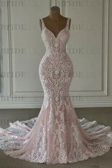 Mermaid Lace Sweetheart Wedding Dress V-neck Long Bridal Dress with Train