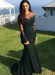 Long Sleeves Sweep/Brush Train Black Prom Dresses With Lace Appliques
