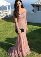 Long Sleeves Sweep/Brush Train Black Prom Dresses With Lace Appliques
