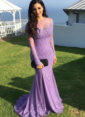 Long Sleeves Sweep/Brush Train Black Prom Dresses With Lace Appliques