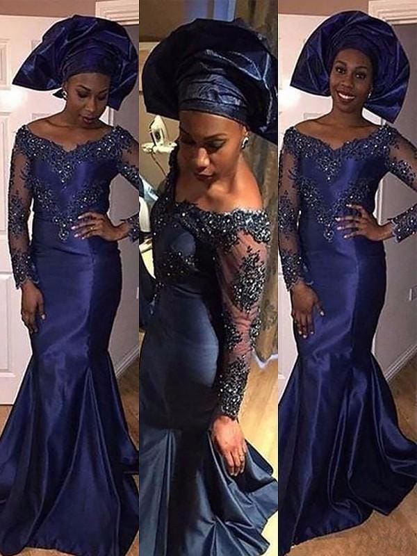 Mermaid Long Sleeves V-Neck Satin With Lace Sweep/Brush Train Dresses