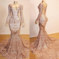 Mermaid Long Sleevess V-neck Sequined Sweep Train Prom Dresses