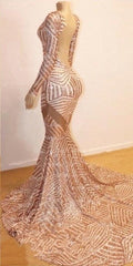 Mermaid Long Sleevess V-neck Sequined Sweep Train Prom Dresses