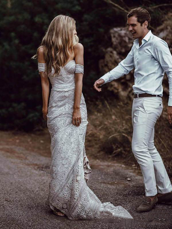 Mermaid Off-the-Shoulder Backless Ivory Lace Beach Wedding Dresses