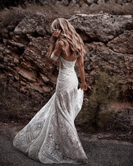 Mermaid Off-the-Shoulder Backless Ivory Lace Beach Wedding Dresses