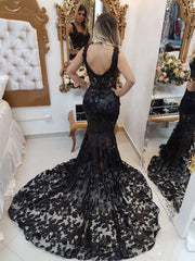 Mermaid Black Lace Prom Dresses SleevelessV-Neck Lace Evening Dresses
