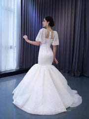Mermaid Pearl Wedding Dresses Puffed Sleeve Bridal Dress 222238