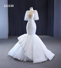 Mermaid Pearl Wedding Dresses Puffed Sleeve Bridal Dress 222238