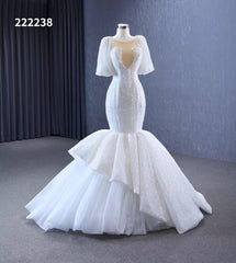 Mermaid Pearl Wedding Dresses Puffed Sleeve Bridal Dress 222238