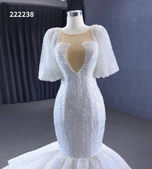 Mermaid Pearl Wedding Dresses Puffed Sleeve Bridal Dress 222238