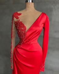 Charming Ruffles Satin Mermaid Prom Dress Red with Long Sleeves