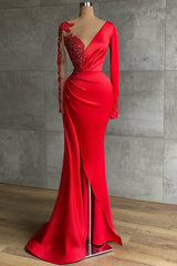 Charming Ruffles Satin Mermaid Prom Dress Red with Long Sleeves