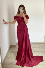 Off-the-Shoulder Ruffles Satin Mermaid Prom Dress With Train