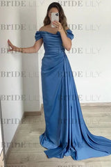 Off-the-Shoulder Ruffles Satin Mermaid Prom Dress With Train