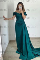 Off-the-Shoulder Ruffles Satin Mermaid Prom Dress With Train
