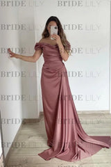 Off-the-Shoulder Ruffles Satin Mermaid Prom Dress With Train