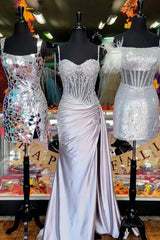 Mermaid Satin Prom Dresses 2025 with Slit, Sparkly Lace & Spaghetti Strap Bodice – FD5042