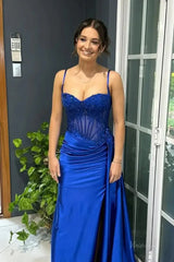 Mermaid Satin Prom Dresses 2025 with Slit, Sparkly Lace & Spaghetti Strap Bodice – FD5042