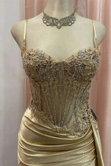 Mermaid Satin Prom Dresses 2025 with Slit, Sparkly Lace & Spaghetti Strap Bodice – FD5042