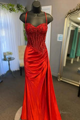 Mermaid Satin Prom Dresses 2025 with Slit, Sparkly Lace & Spaghetti Strap Bodice – FD5042