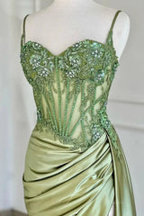Mermaid Satin Prom Dresses 2025 with Slit, Sparkly Lace & Spaghetti Strap Bodice – FD5042