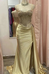 Mermaid Satin Prom Dresses 2025 with Slit, Sparkly Lace & Spaghetti Strap Bodice – FD5042