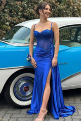 Mermaid Satin Prom Dresses 2025 with Slit, Sparkly Lace & Spaghetti Strap Bodice – FD5042