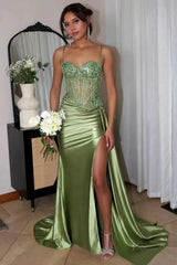 Mermaid Satin Prom Dresses 2025 with Slit, Sparkly Lace & Spaghetti Strap Bodice – FD5042