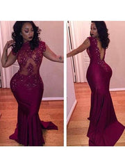 Mermaid Satin Scoop Sleeveless Sweep/Brush Train With Beading Dresses