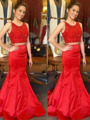 Mermaid Satin Scoop Sleeveless Sweep/Brush Train With Beading Dresses