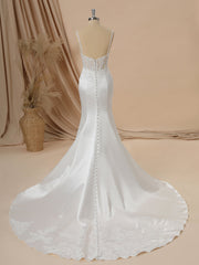 Mermaid Satin Spaghetti Straps Appliques Lace Chapel Train Corset Wedding Dress