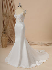 Mermaid Satin Spaghetti Straps Appliques Lace Chapel Train Corset Wedding Dress