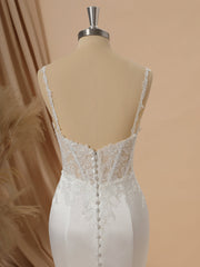 Mermaid Satin Spaghetti Straps Appliques Lace Chapel Train Corset Wedding Dress